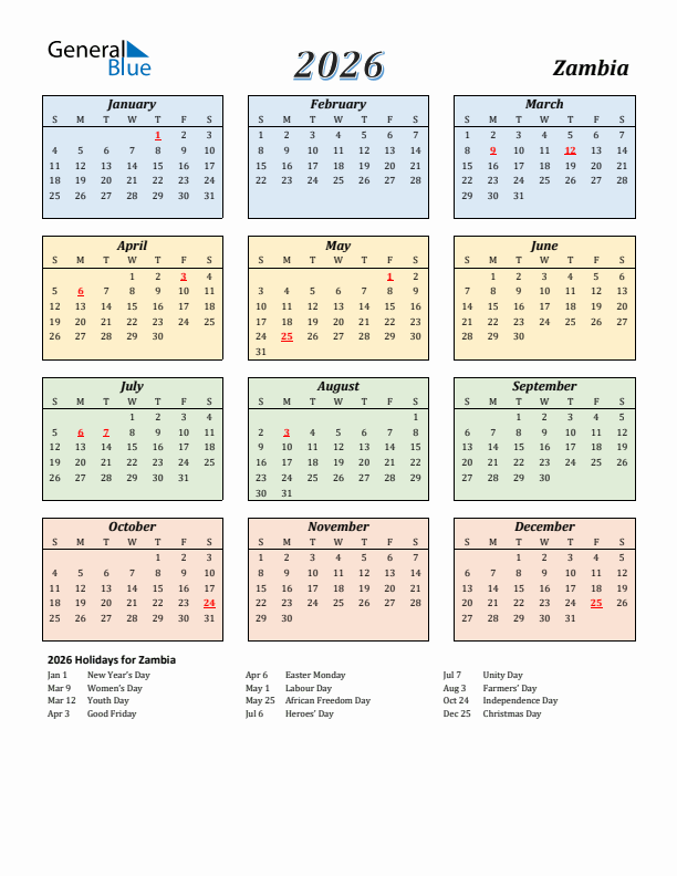 Zambia Calendar 2026 with Sunday Start