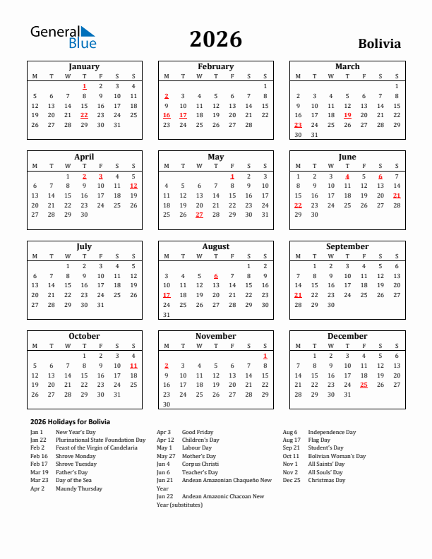 2026 Bolivia Holiday Calendar - Monday Start