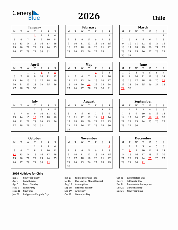 2026 Chile Holiday Calendar - Monday Start