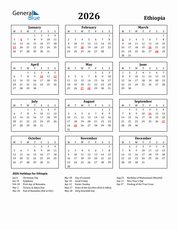 2026 Ethiopia Holiday Calendar - Monday Start