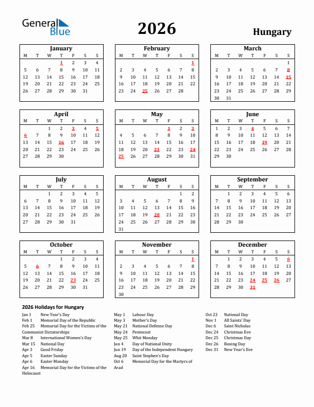 2026 Hungary Holiday Calendar - Monday Start