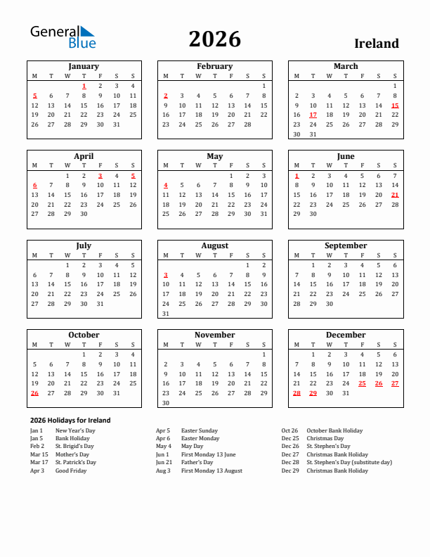 2026 Ireland Holiday Calendar - Monday Start