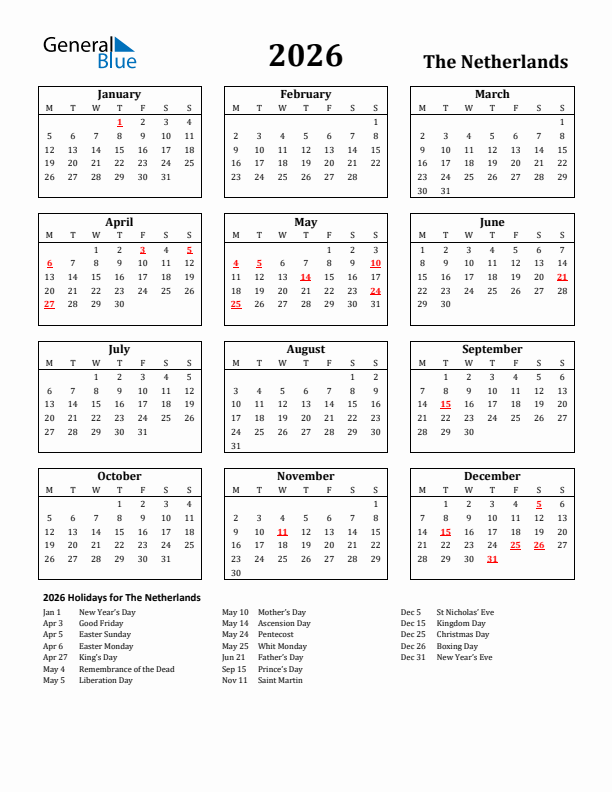 2026 The Netherlands Holiday Calendar - Monday Start