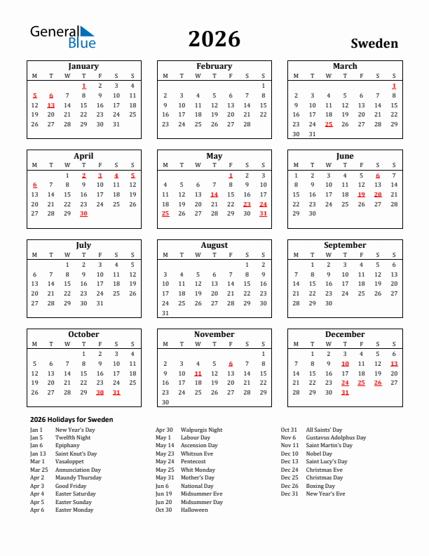 2026 Sweden Holiday Calendar - Monday Start