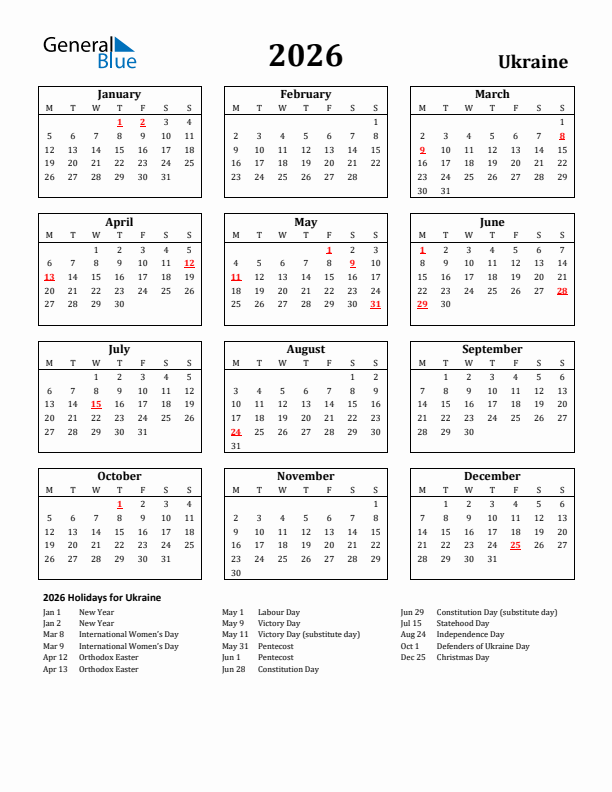 2026 Ukraine Holiday Calendar - Monday Start