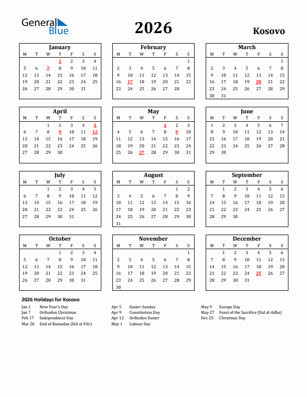 2026 Kosovo Holiday Calendar - Monday Start