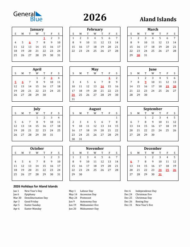 2026 Aland Islands Holiday Calendar - Sunday Start