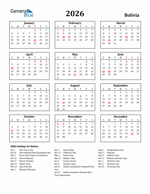 2026 Bolivia Holiday Calendar - Sunday Start