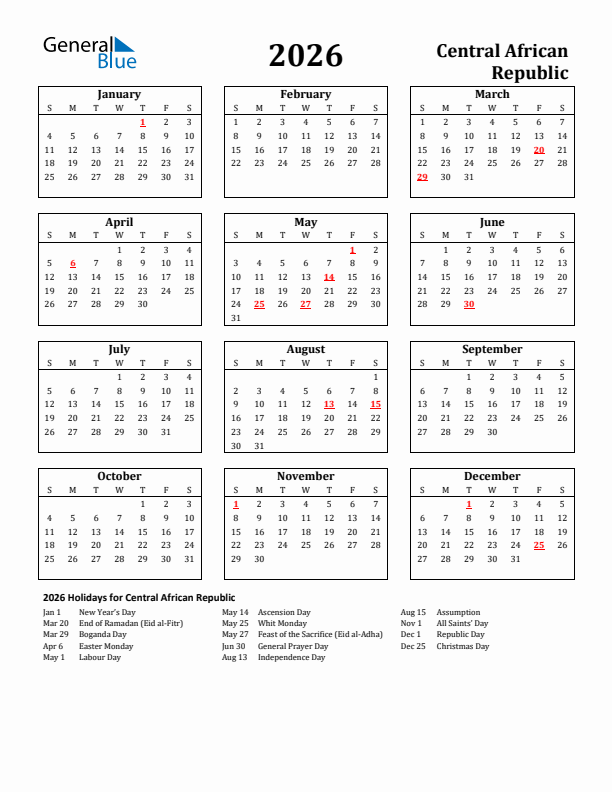 2026 Central African Republic Holiday Calendar - Sunday Start