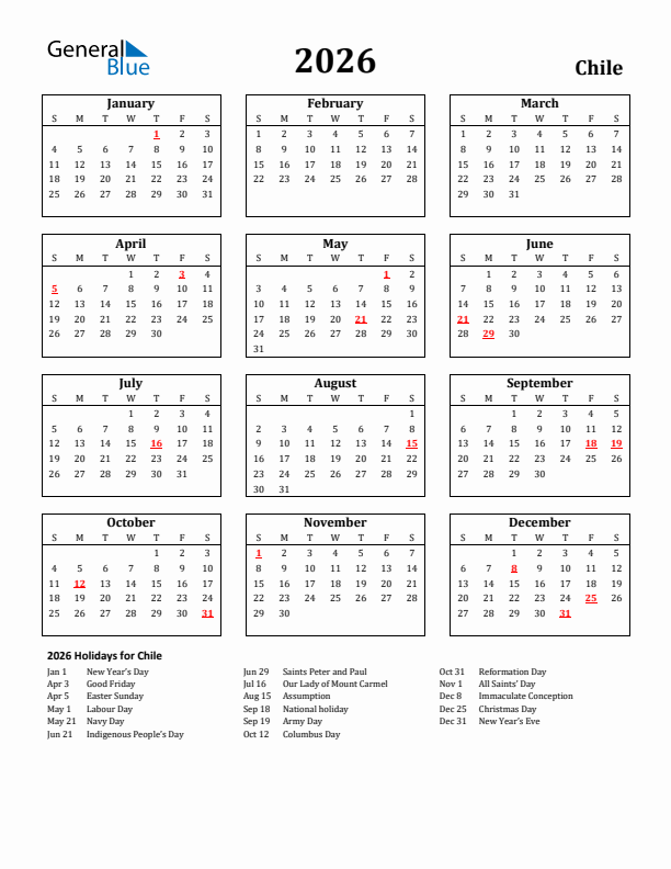 2026 Chile Holiday Calendar - Sunday Start