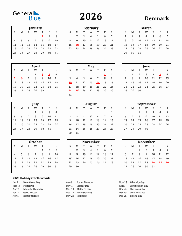 2026 Denmark Holiday Calendar - Sunday Start