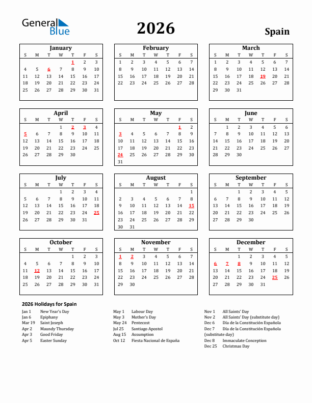 2026 Spain Holiday Calendar - Sunday Start