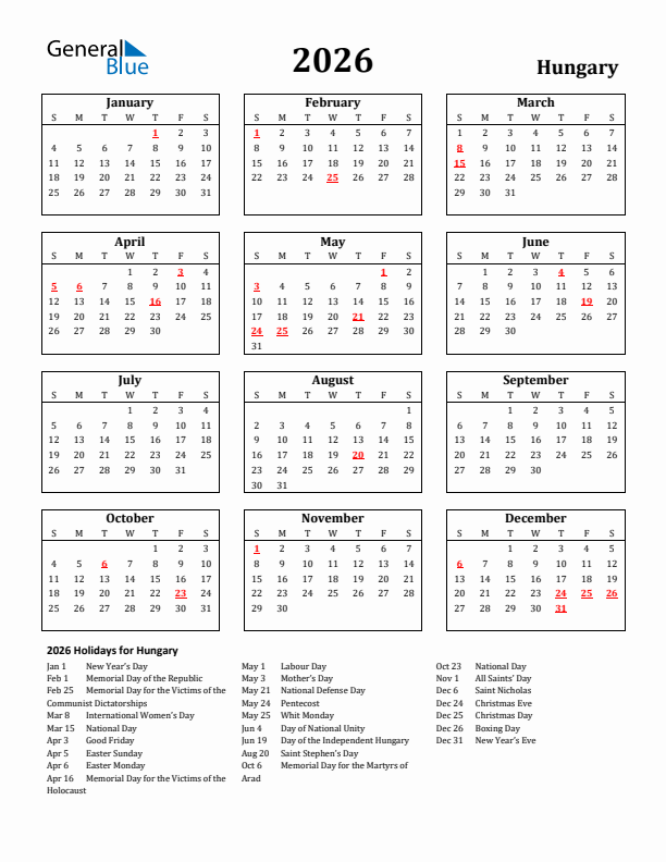 2026 Hungary Holiday Calendar - Sunday Start