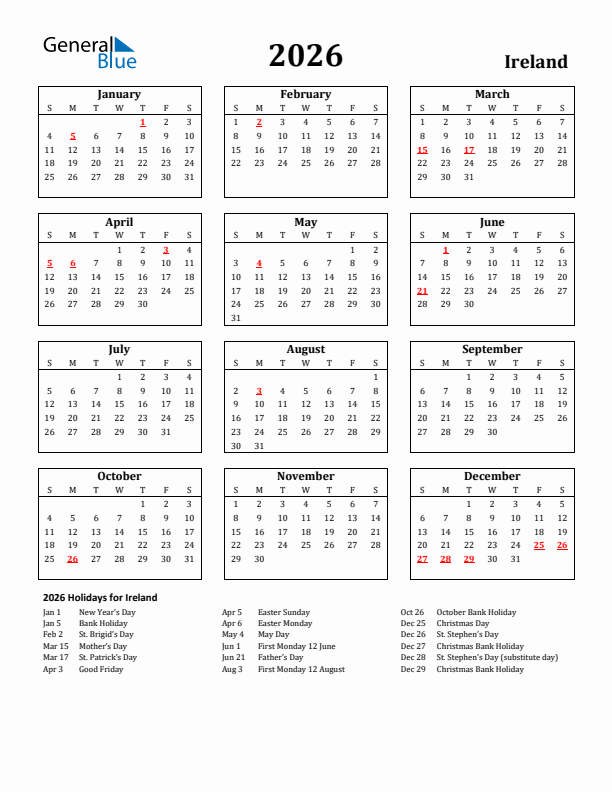 2026 Ireland Holiday Calendar - Sunday Start