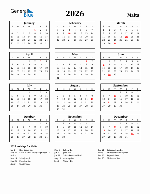 2026 Malta Holiday Calendar - Sunday Start