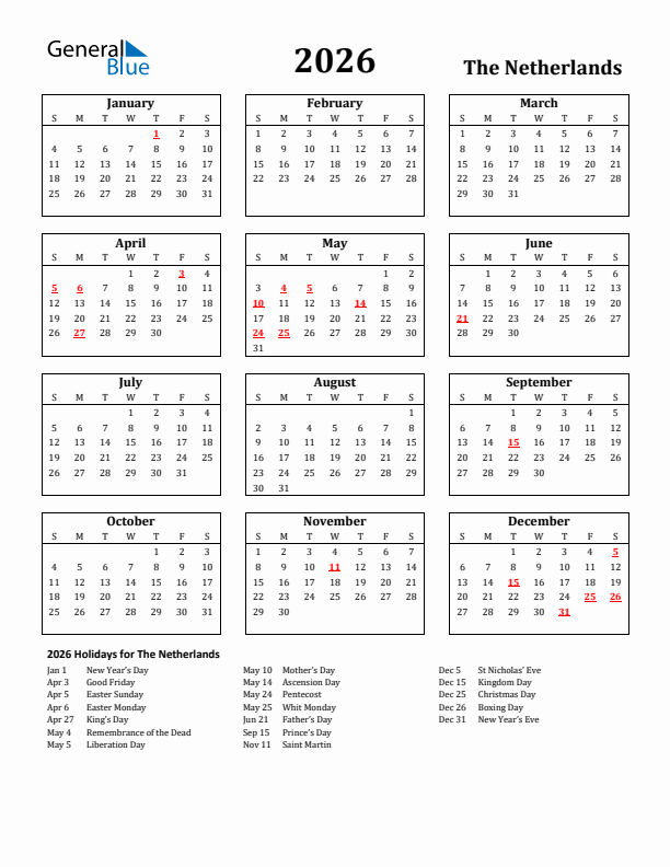 2026 The Netherlands Holiday Calendar - Sunday Start