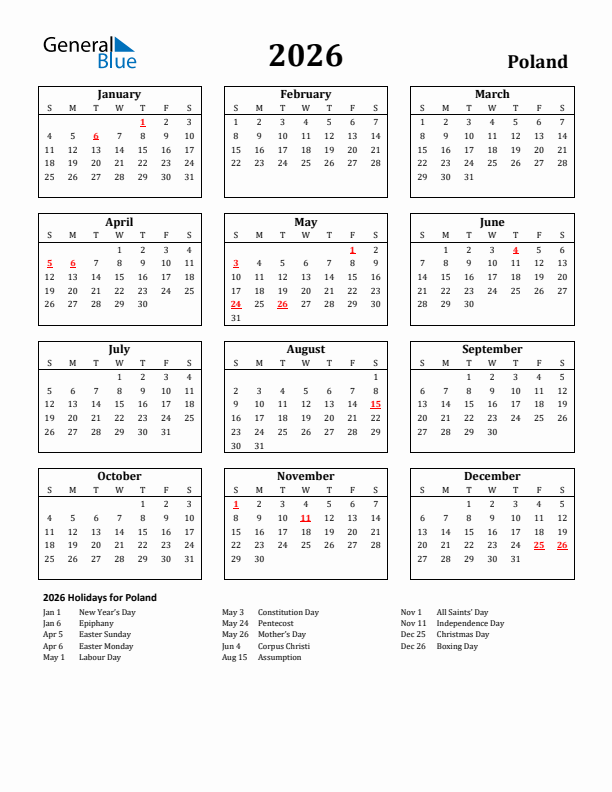 2026 Poland Holiday Calendar - Sunday Start