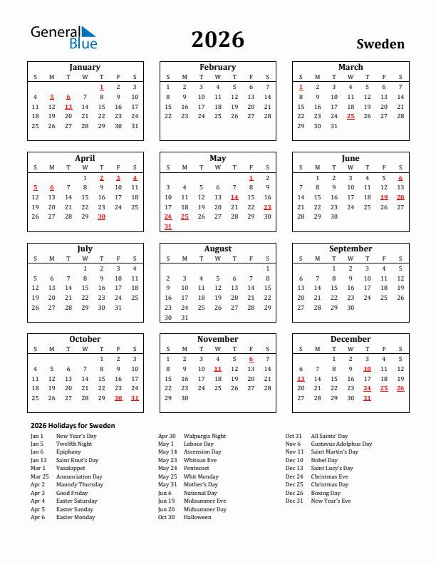 2026 Sweden Holiday Calendar - Sunday Start