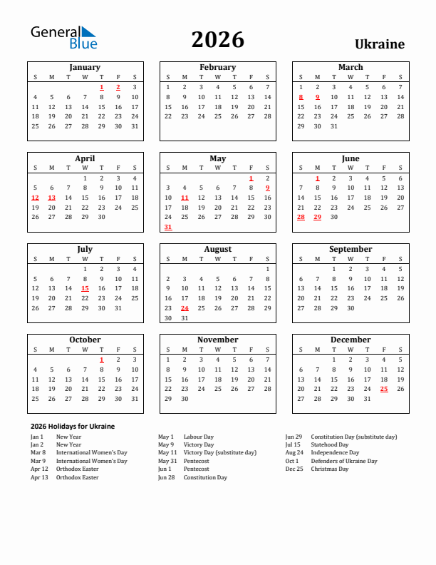 2026 Ukraine Holiday Calendar - Sunday Start