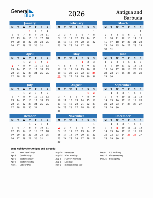 Printable Calendar 2026 with Antigua and Barbuda Holidays (Monday Start)