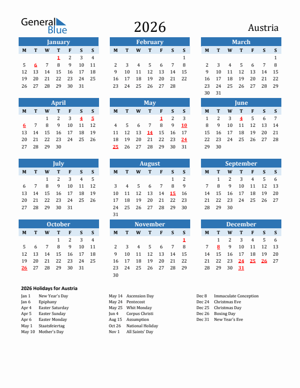 Printable Calendar 2026 with Austria Holidays (Monday Start)