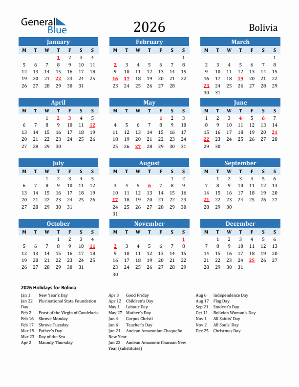 Printable Calendar 2026 with Bolivia Holidays (Monday Start)