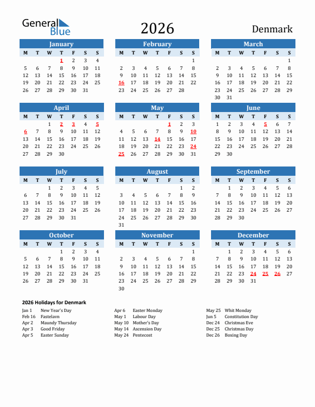 Printable Calendar 2026 with Denmark Holidays (Monday Start)