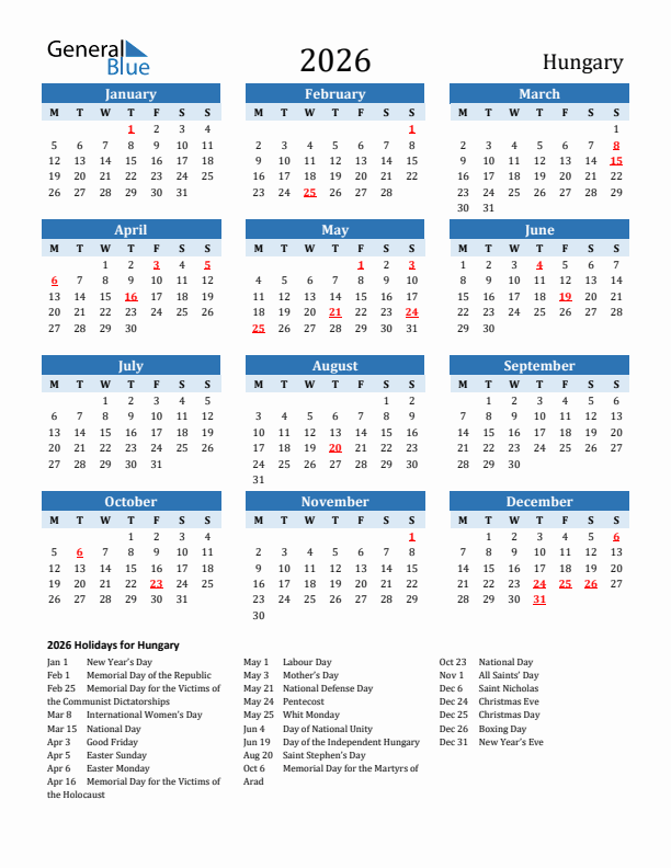 Printable Calendar 2026 with Hungary Holidays (Monday Start)