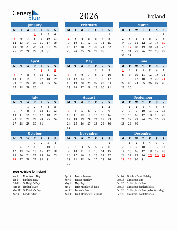 Printable Calendar 2026 with Ireland Holidays (Monday Start)