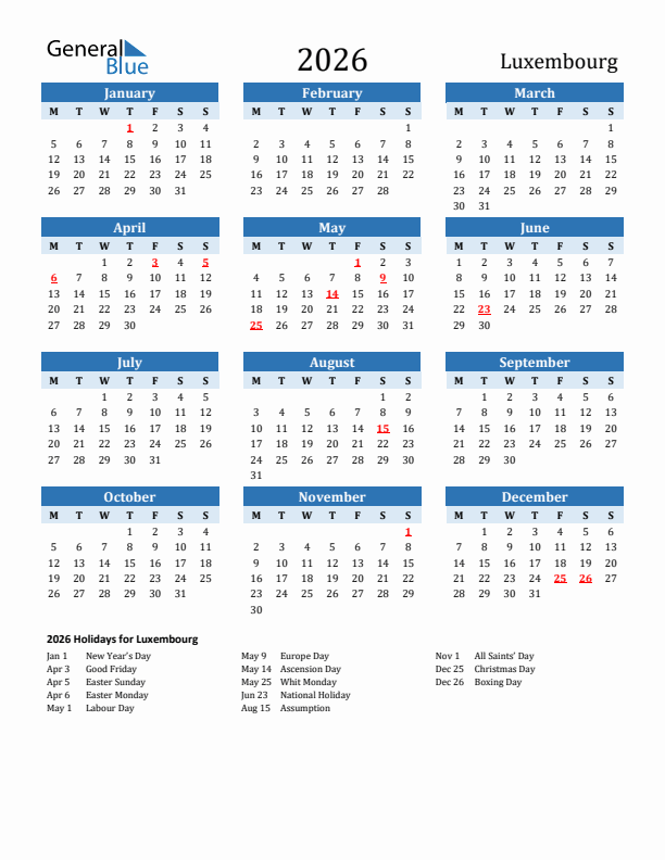 Printable Calendar 2026 with Luxembourg Holidays (Monday Start)