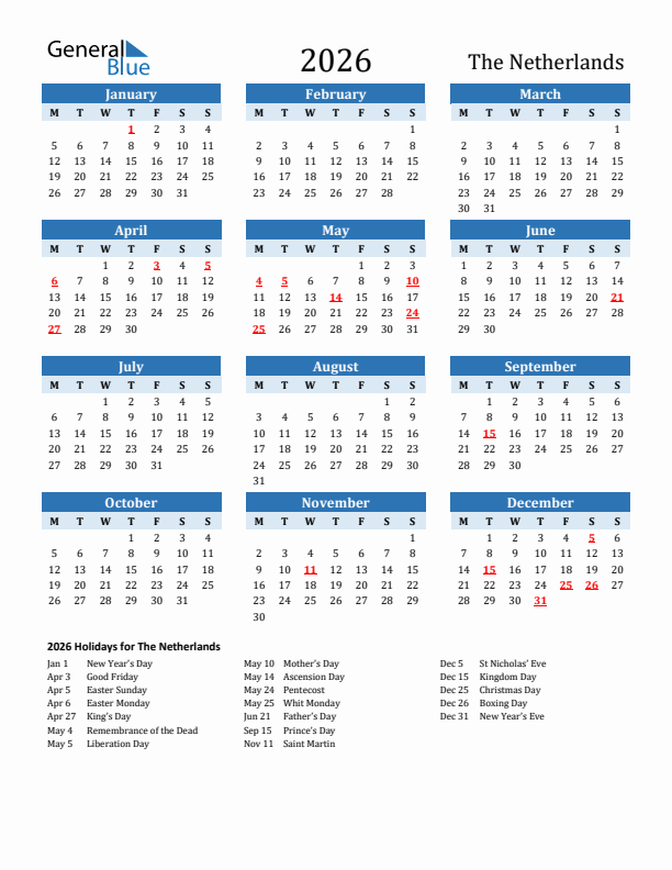 Printable Calendar 2026 with The Netherlands Holidays (Monday Start)