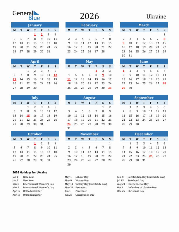 Printable Calendar 2026 with Ukraine Holidays (Monday Start)