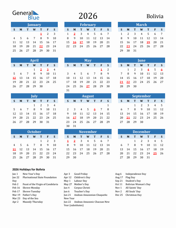 Printable Calendar 2026 with Bolivia Holidays (Sunday Start)