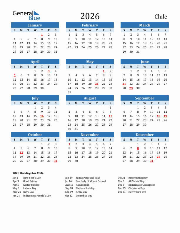 Printable Calendar 2026 with Chile Holidays (Sunday Start)