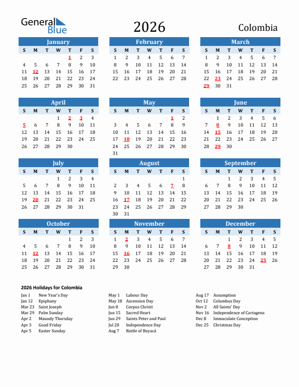 Printable Calendar 2026 with Colombia Holidays (Sunday Start)