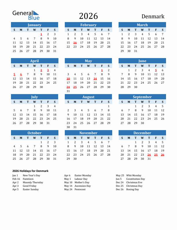 Printable Calendar 2026 with Denmark Holidays (Sunday Start)