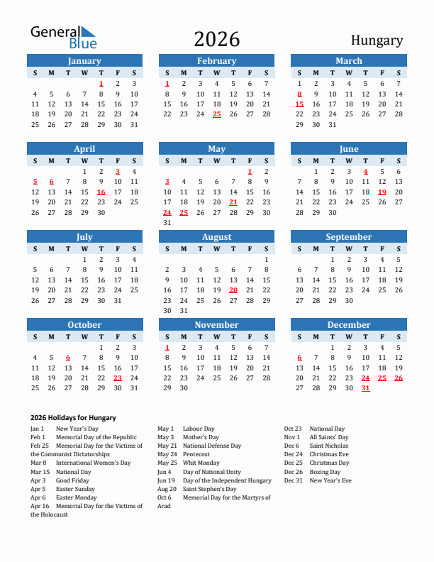 Printable Calendar 2026 with Hungary Holidays (Sunday Start)