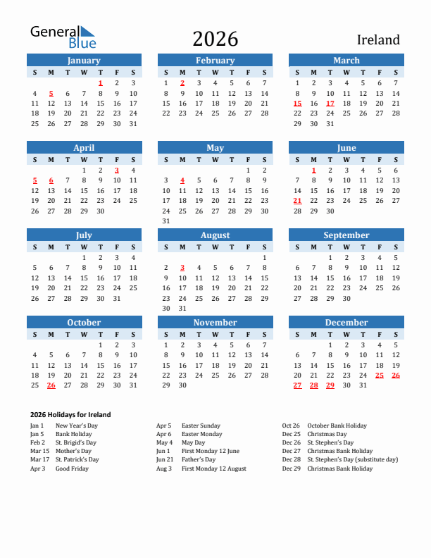 Printable Calendar 2026 with Ireland Holidays (Sunday Start)