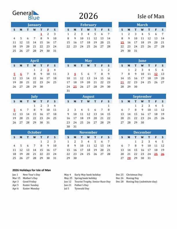 Printable Calendar 2026 with Isle of Man Holidays (Sunday Start)