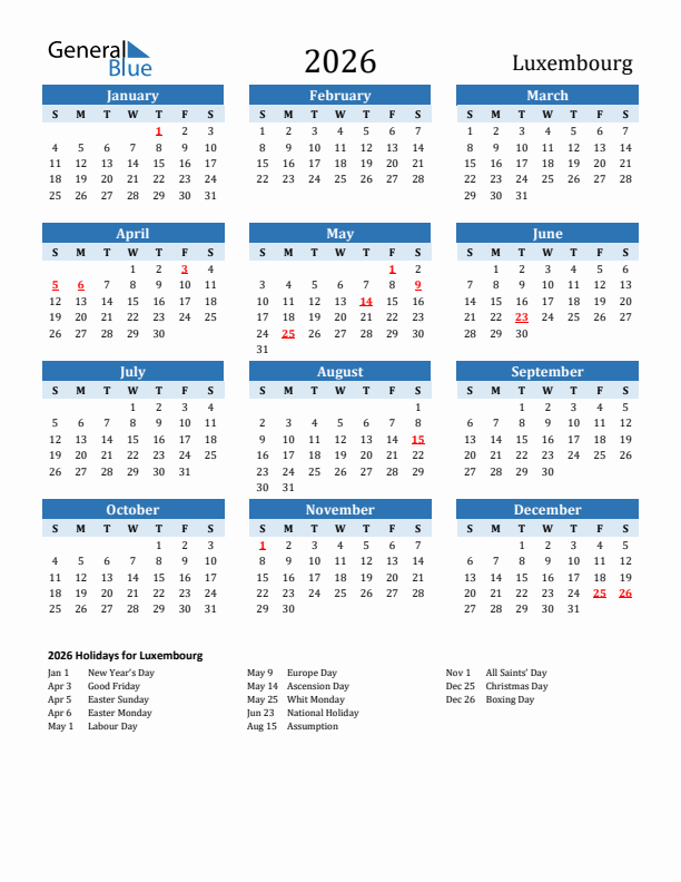 Printable Calendar 2026 with Luxembourg Holidays (Sunday Start)