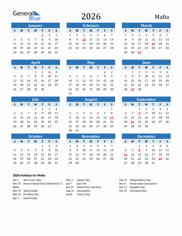 Printable Calendar 2026 with Malta Holidays (Sunday Start)