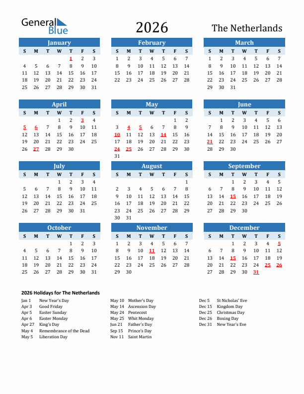 Printable Calendar 2026 with The Netherlands Holidays (Sunday Start)