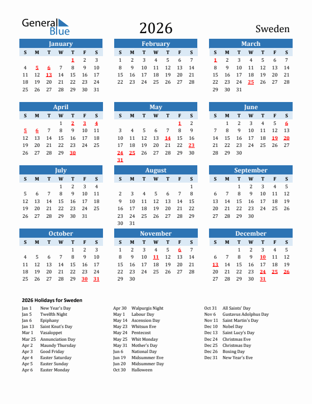 Printable Calendar 2026 with Sweden Holidays (Sunday Start)