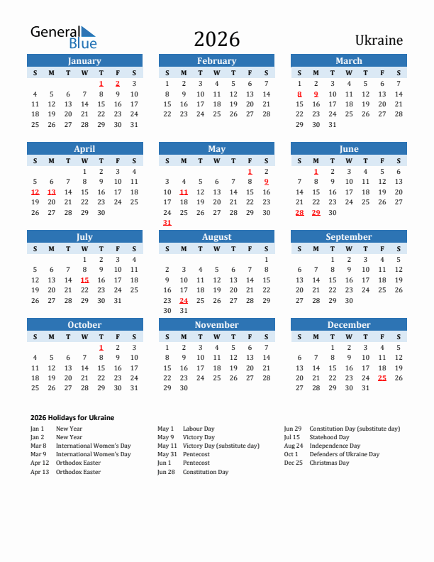 Printable Calendar 2026 with Ukraine Holidays (Sunday Start)