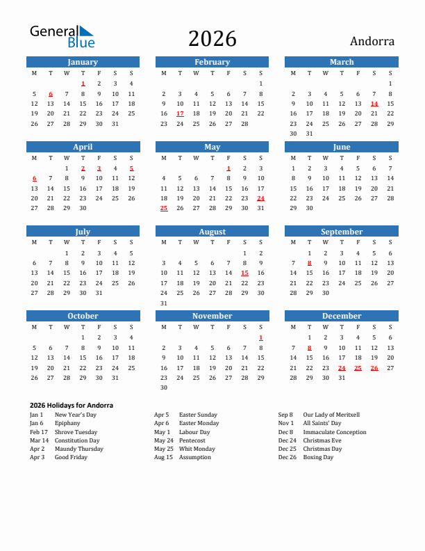 Andorra 2026 Calendar with Holidays