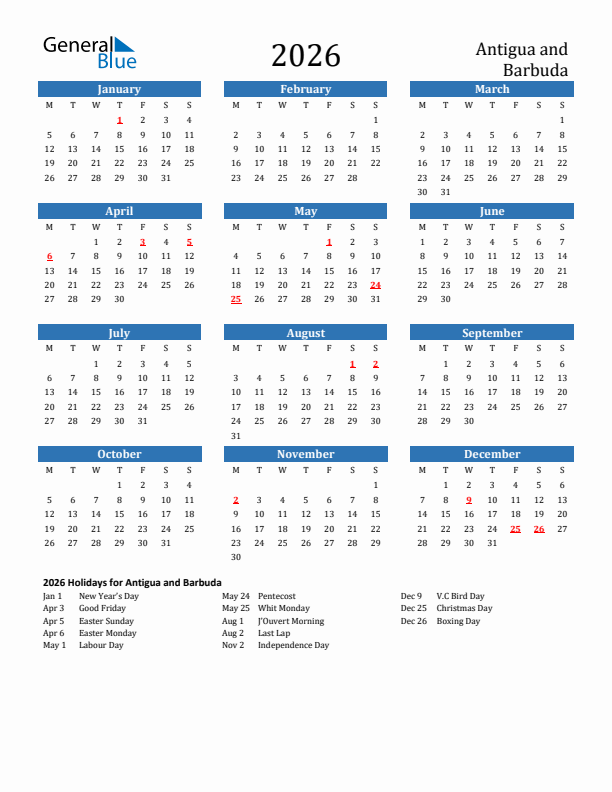 Antigua and Barbuda 2026 Calendar with Holidays