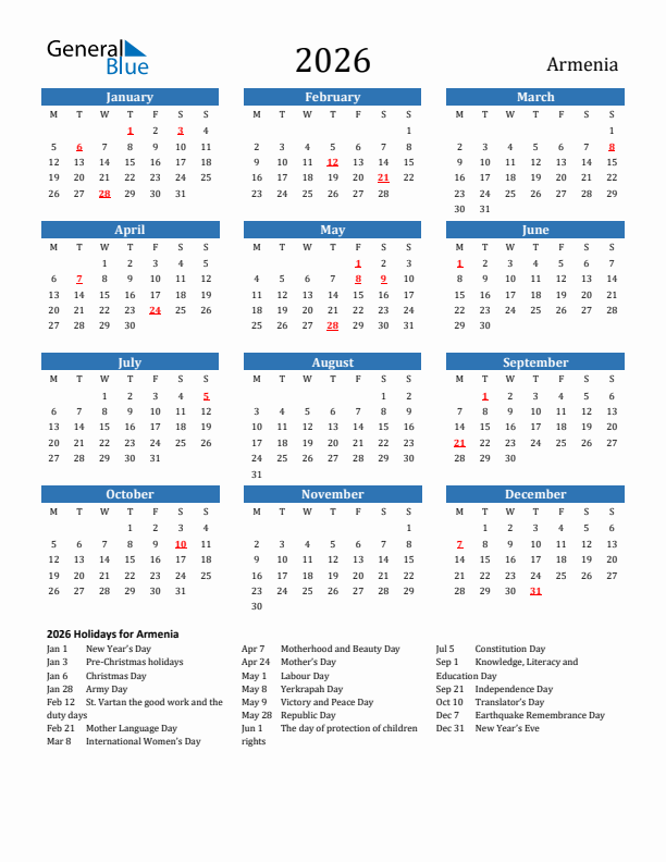 Armenia 2026 Calendar with Holidays