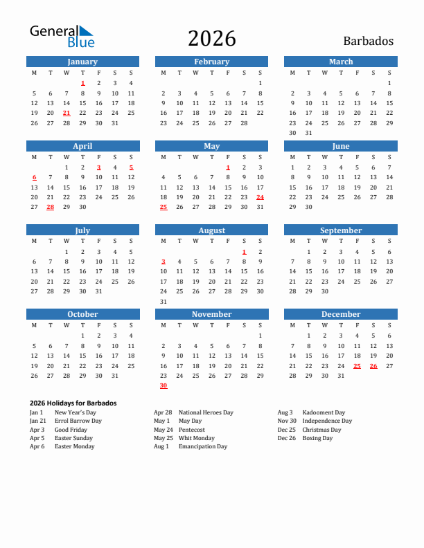 Barbados 2026 Calendar with Holidays