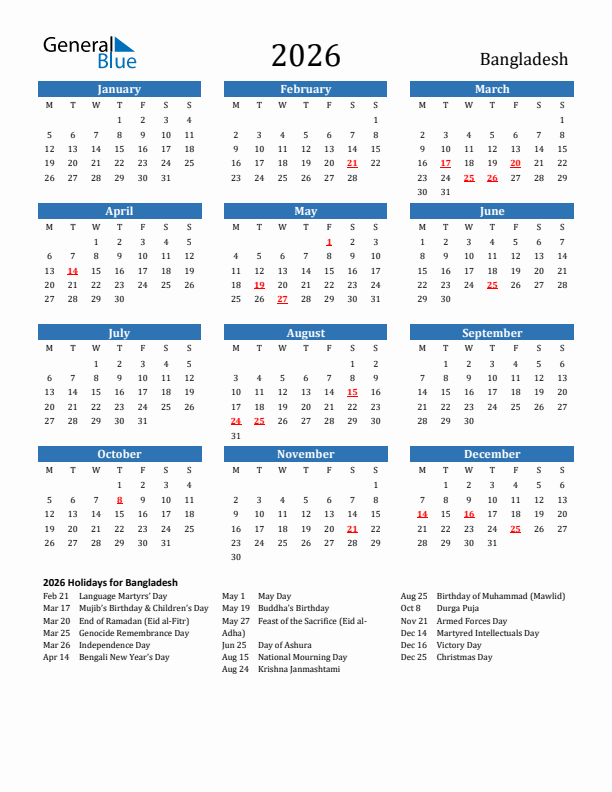 Bangladesh 2026 Calendar with Holidays