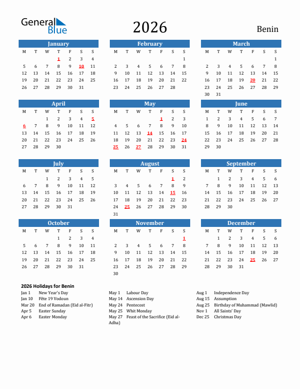 Benin 2026 Calendar with Holidays